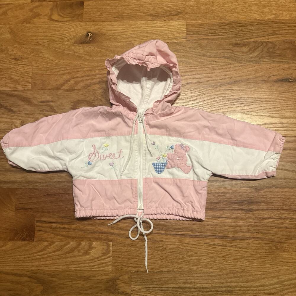 Vintage Weather Tamer Baby Jacket 6/9M White Pink Hooded With Teddy Bear Design